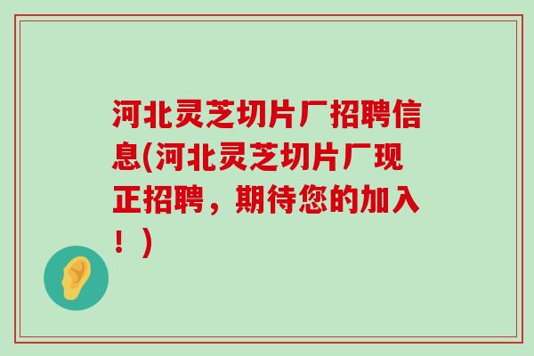 河北灵芝切片厂招聘信息(河北灵芝切片厂现正招聘，期待您的加入！)