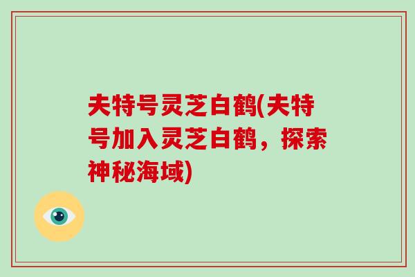 夫特号灵芝白鹤(夫特号加入灵芝白鹤，探索神秘海域)